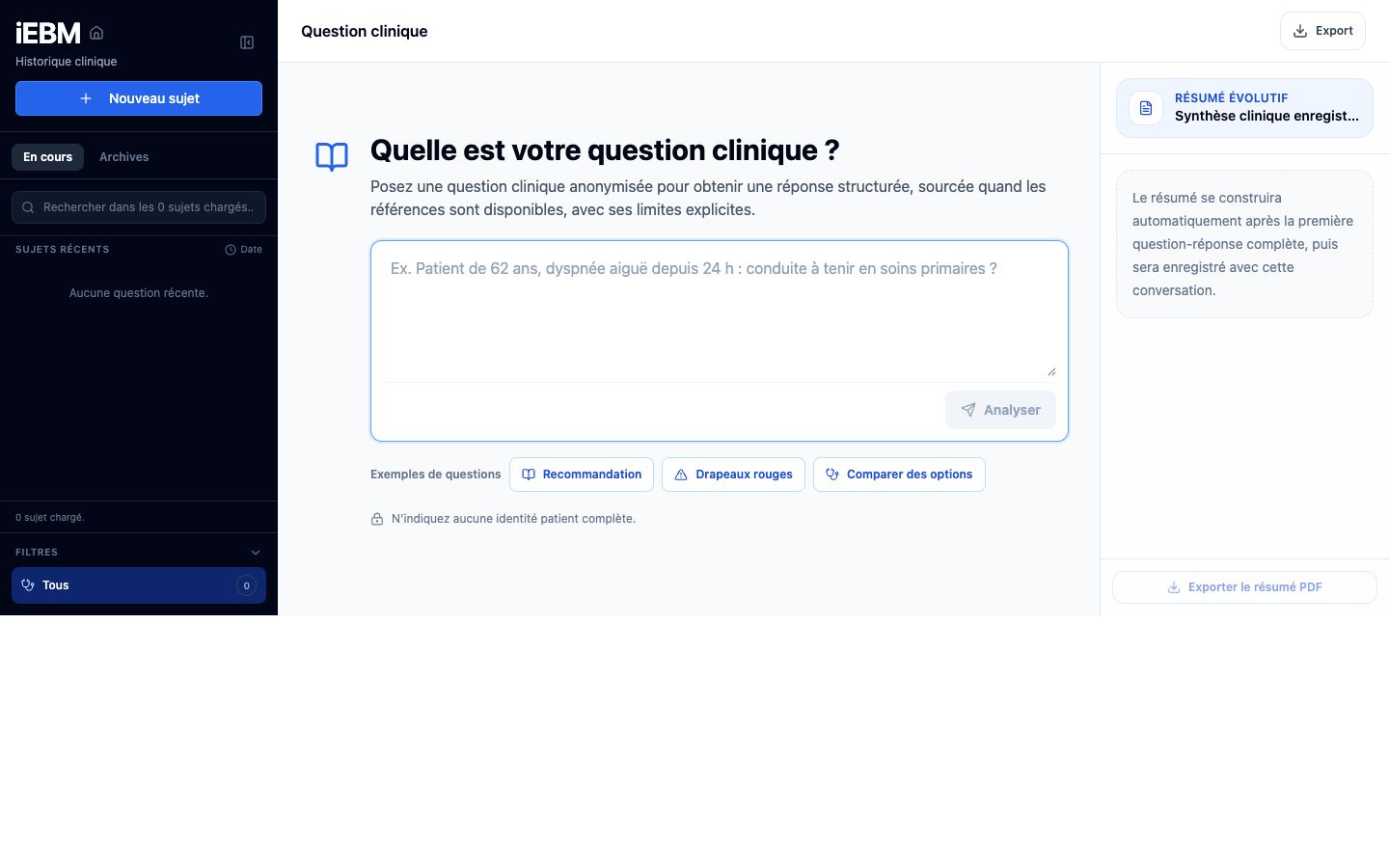 Interface iEBM de saisie d’une question clinique sans identifiant direct